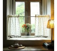 Tolldek 60 x 80 cm Bistro Curtain, Semi-Transparent White Grey, 2-Piece Daisy Pattern with Pompoms, Short Window Rod Pocket, Cotton Linen, Transparent Window Curtain