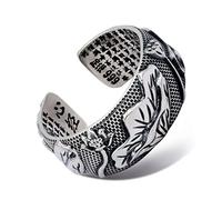 Tolldek 925 Sterling Silver Wedding Rings Men's Buddhist Lotus Engraving Sutra Wedding Ring, S925 Sterling Silver Engagement Ring Punk Rock Adjustable, Sterling Silver, No cubic zirconia