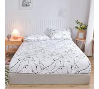 Tolldek Bed Sheet with 2 Pillowcases 180 x 200 cm Set Decorative, Marble Pattern Fitted Sheet Quilted Printed, Mattress Protector Polyester Cotton Bedspread for Box Spring Bed