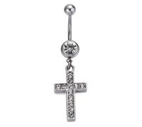 Tolldek Piercing jewellery, belly button piercing, surgical steel, white crystals, navel ring, body piercing jewellery with cross pendant, belly button rings, piercing, curved navel barbell, silver,