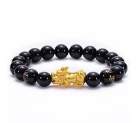 Tolldek Pixiu Six Character Women's and Men's Agate Bracelet, Genuine Natural Stones, Elastic Ball Bracelet, Great Gift Idea, 21.5 cm, Black Gold, 21.5cmx10mm, Crystal, Agate