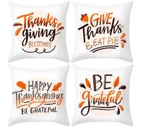 Tolldek Set of 4 Cushion Covers, Leaf Be Grateful Thanksgiving Decorative Sofa Cushion, Premium Cushion Cover with Zip for Bedroom, Sofa, Chair, Bed, White Orange, 45 x 45 cm