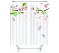 Tolldek Shower Curtain Pink Green Textile, Peach Blossom Branch Pattern Bath Curtain Polyester Washable Fabric with Shower Curtain Rings
