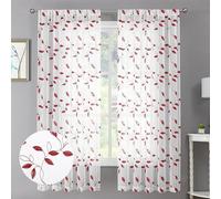Tollpiz Burgundy Red Leaf Sheer Curtains Leaves Embroidered Living Room Curtain Rod Pocket Voile Window Treatments for Bedroom, 54 x 63 inches Long, Set of 2 Panels