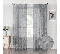 Tollpiz Floral Grey Sheer Curtain Flower Print Vine Embroidery Bedroom Curtains Rod Pocket Voile Window Curtain for Living Room, 54 x 84 inches Long, Set of 2 Panels
