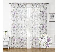 Tollpiz Floral Sheer Curtain Purple Cherry Flower Butterfly Print Bedroom Curtains Rod Pocket Voile Linen Look White Sheer Curtain for Living Room, 54 x 95 inches Long, Set of 2 Panels