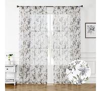 Tollpiz Floral Sheer Curtains Grey Cherry Flower Butterfly Print Bedroom Curtain Rod Pocket Voile Linen Look White Sheer Curtains for Living Room, 54 x 72 inches Long, Set of 2 Panels