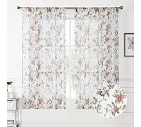 Tollpiz Floral Sheer Curtains Taupe Cherry Flower Butterfly Print Living Room Curtain Rod Pocket Voile Linen Look Short White Sheer Curtains for Bedroom, 54 x 45 inches Long, Set of 2 Panels