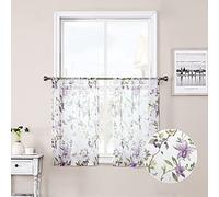 Tollpiz Floral Sheer Tier Curtain Purple Cherry Flower Butterfly Print Half Curtains Kitchen Rod Pocket Voile Linen Look White Sheer Curtain for Bathroom, 30 x 36 inches Long, Set of 2 Panels