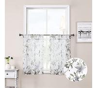 Tollpiz Floral Short Sheer Tier Curtains Grey Cherry Flower Butterfly Print Half Curtain Kitchen Rod Pocket Voile Linen Look White Sheer Curtains for Bathroom, 30 x 24 inches Long, Set of 2 Panels