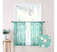 Tollpiz Floral Short Turquoise Sheer Tier Curtains Flower Print Vine Embroidery Kitchen Half Curtain Rod Pocket Café Voile Window Curtains for Bathroom, 30 x 24 inches Long, Set of 2 Panels