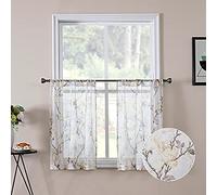 Tollpiz Floral Short White Sheer Tier Curtains Flower Print Vine Embroidery Kitchen Half Curtain Rod Pocket Café Voile Window Curtains for Bathroom, 30 x 24 inches Long, Set of 2 Panels