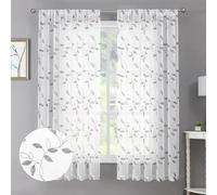 Tollpiz Grey Leaf Sheer Curtain Leaves Embroidered Bedroom Short Curtains Rod Pocket Voile Window Treatments for Living Room, 38 x 45 inches Long, Set of 2 Panels