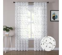 Tollpiz Leaves Sheer Curtain Sage Green Leaf Embroidery Bedroom Curtains Rod Pocket Voile Faux Linen Embroidered Leaves Curtain for Living Room, 54 x 84 inches Long, Set of 2 Panels