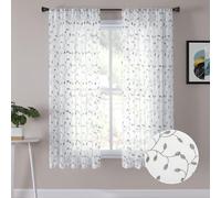 Tollpiz Leaves Sheer Curtain Sage Green Leaf Embroidery Living Room Curtains Rod Pocket Voile Faux Linen Embroidered Leaves Curtain for Bedroom, 38 x 63 inches Long, Set of 2 Panels