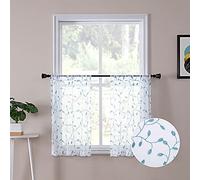 Tollpiz Leaves Sheer Tier Curtain Teal Blue Leaf Embroidery Kitchen Half Curtains Rod Pocket Voile Faux Linen Embroidered Leaves Curtain for Bathroom, 30 x 36 inches Long, Set of 2 Panels
