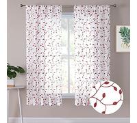 Tollpiz Leaves Short Sheer Curtains Burgundy Red Leaf Embroidery Bedroom Curtain Rod Pocket Voile Faux Linen Embroidered Leaves Curtains for Living Room, 54 x 45 inches Long, Set of 2 Panels