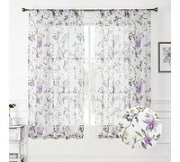 Tollpiz Purple Cherry Blossom Sheer Curtains with Pocket for Rod Pocket Short Linen Look White 54" x 54" 2 Panels
