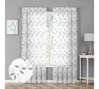 Tollpiz Sage Green Leaf Sheer Curtain Leaves Embroidered Living Room Curtains Rod Pocket Voile Window Treatment for Bedroom, 54 x 72 inches Long, Set of 2 Panels