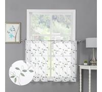 Tollpiz Sage Green Leaf Sheer Tier Curtains Leaves Embroidered Kitchen Short Curtain Rod Pocket Voile Bathroom Curtains for Cafe, 30 x 24 inches Long, Set of 2 Panels