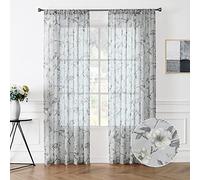 Tollpiz Sheer Curtain Grey Flower Leaf Printed Floral Embroidered Bedroom Curtains Sheer Rod Pocket Voile Faux Linen Window Curtain for Living Room, 54 x 63 inches Long, Set of 2 Panels