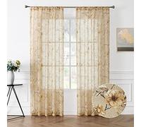 Tollpiz Sheer Curtains Beige Flower Leaf Printed Floral Embroidered Bedroom Curtain Sheers Rod Pocket Voile Faux Linen Window Curtains for Living Room, 54 x 84 inches Long, Set of 2 Panels