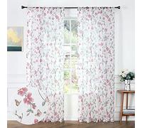 Tollpiz Sheer Floral Curtain Pink Flower Butterfly Printed Bedroom Curtains Rod Pocket Voile Faux Linen Window Curtain for Living Room, 54 x 84 inches Long, Set of 2 Panels