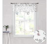 Tollpiz Sheer Floral Curtain Valance Grey Flower Butterfly Printed Bedroom Curtain Valances Rod Pocket Voile Faux Linen Window Valance Curtains for Living Room, 54 x 16 inches Long, Set of 1 Panel