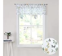 Tollpiz Sheer Floral Curtain Valance Yellow Flower Butterfly Printed Bedroom Curtain Valances Rod Pocket Voile Faux Linen Window Valance Curtains for Living Room, 54 x 16 inches Long, Set of 1 Panel