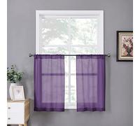 Tollpiz Sheer Tier Curtain Linen Textured Half Kitchen Curtains Sheer Light Filtering Rod Pocket Voile Small Curtains for Bathroom, 25 x 36 inches Long, Royal Purple, Set of 2 Panels