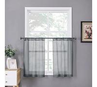 Tollpiz Sheer Tier Curtains Kitchen Linen Textured Half Curtain Sheers Light Filtering Rod Pocket Voile Bathroom Short Curtains for Farmhouse, 25 x 30 inches Long, Dark Grey, Set of 2 Panels