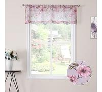 Tollpiz Sheer Valance Pink Flower Leaf Printed Floral Embroidered Bedroom Valance Curtains Sheer Rod Pocket Voile Window Curtain Valances for Living Room, 54 x 16 inches Long, Set of 1 Panel