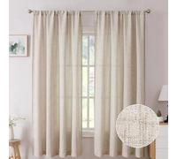 Tollpiz Short Linen Curtain Bedroom Rod Pocket Semi Sheer Curtains Burlap Light Filtering Thick Linen Drape for Living Room, 38 x 54 inches Long, Natural, Set of 2 Panels