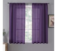 Tollpiz Short Sheer Curtain Linen Textured Bedroom Curtains Sheer Light Filtering Rod Pocket Voile Curtain for Living Room, 54 x 54 inches Long, Royal Purple, Set of 2 Panels