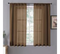 Tollpiz Short Sheer Curtain Linen Textured Bedroom Curtains Sheer Light Filtering Rod Pocket Voile Curtain for Living Room, 54 x 54 inches Long, Brown, Set of 2 Panels