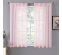 Tollpiz Short Sheer Curtains Linen Textured Living Room Curtain Sheers Light Filtering Rod Pocket Voile Curtains for Bedroom, 42 x 45 inches Long, Pink, Set of 2 Panels