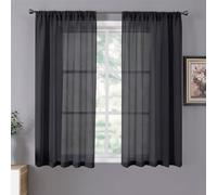 Tollpiz Short Sheer Curtains Linen Textured Living Room Curtain Sheers Light Filtering Rod Pocket Voile Curtains for Bedroom, 42 x 45 inches Long, Black, Set of 2 Panels