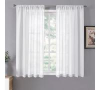 Tollpiz Short Sheer Curtains Linen Textured Living Room Curtain Sheers Light Filtering Rod Pocket Voile Curtains for Bedroom, 42 x 45 inches Long, White, Set of 2 Panels
