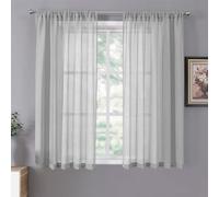 Tollpiz Short Sheer Curtains Living Room Linen Textured Curtain Sheers Light Filtering Voile Rod Pocket Curtains for Bedroom, 38 x 45 inches Long, Silver Grey, Set of 2 Panels