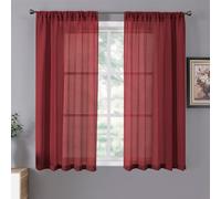 Tollpiz Short Sheer Curtains Living Room Linen Textured Curtain Sheers Light Filtering Voile Rod Pocket Curtains for Bedroom, 38 x 45 inches Long, Burgundy Red, Set of 2 Panels