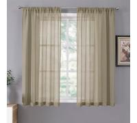 Tollpiz Short Sheer Curtains Living Room Linen Textured Curtain Sheers Light Filtering Voile Rod Pocket Curtains for Bedroom, 38 x 45 inches Long, Taos Taupe, Set of 2 Panels