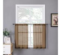 Tollpiz Short Sheer Tier Curtains Linen Textured Half Kitchen Curtain Sheers Light Filtering Rod Pocket Voile Small Curtain for Bathroom, 25 x 24 inches Long, Brown, Set of 2 Panels