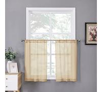 Tollpiz Short Sheer Tier Curtains Linen Textured Half Kitchen Curtain Sheers Light Filtering Rod Pocket Voile Small Curtain for Bathroom, 25 x 24 inches Long, Beige, Set of 2 Panels