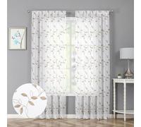 Tollpiz Taupe Leaf Sheer Curtains Leaves Embroidered Bedroom Curtain Rod Pocket Voile Window Treatment for Living Room, 54 x 84 inches Long, Set of 2 Panels