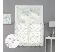 Tollpiz Taupe Leaf Sheer Tier Curtain Leaves Embroidered Kitchen Curtains Rod Pocket Voile Bathroom Window Treatment for Cafe, 30 x 36 inches Long, Set of 2 Panels