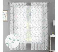Tollpiz Teal Blue Leaf Sheer Curtains Leaves Embroidered Bedroom Short Curtain Rod Pocket Voile Window Treatment for Living Room, 38 x 54 inches Long, Set of 2 Panels