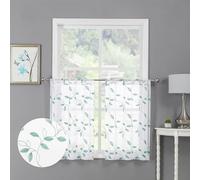 Tollpiz Teal Blue Leaf Sheer Tier Curtain Leaves Embroidered Kitchen Curtains Rod Pocket Voile Bathroom Window Treatment for Cafe, 30 x 36 inches Long, Set of 2 Panels