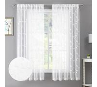 Tollpiz White Leaf Sheer Curtain Leaves Embroidered Bedroom Short Curtains Rod Pocket Voile Window Treatments for Living Room, 38 x 45 inches Long, Set of 2 Panels