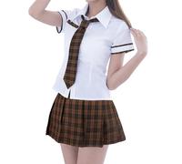 Tolnecty Women School Girls Uniform Sets Short Sleeve Tie Shirt with Mini Plaid Pleated Skirts Anime Cosplay Costume