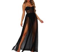 Tolnecty Women Spaghetti Strap Sexy Dress Lace Mesh Bodycon Slip Dress Lingerie Backless Party Long Dresses (1, Black)